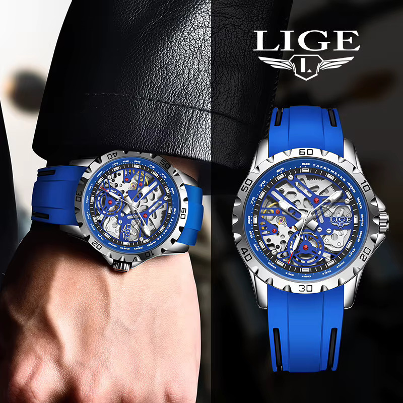 LIGE Armbanduhr Automatik, Edelstahl, Silikon, Blau, Herren - Bild 6