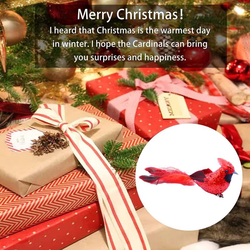 LUSQI 6er Set rote Feder-Vögel mit Pailletten als wasserdichte Weihnachtsbaum-Dekoration für Garten und Terrasse - Bild 2