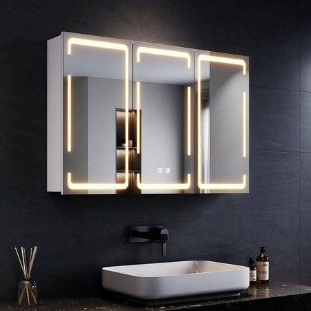 SONNI Spiegelschrank mit LED Beleuchtung in 3 Lichtfarben, beschlagfrei, mit 3 Türen, integrierter Steckdose und Soft-Close-Funktion, Weiß, B/H: 90 x 60 cm