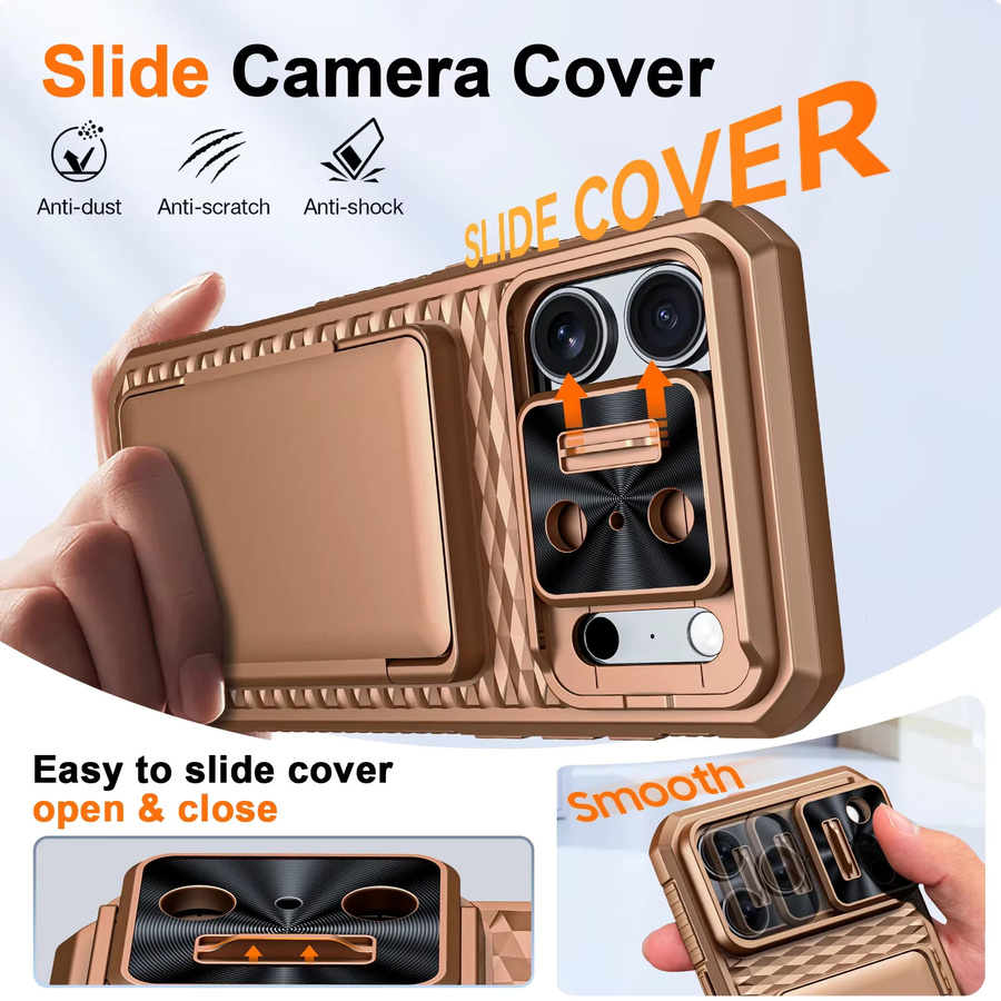 BANGZAO Wallet Case für 17 Pro Max mit Kartenhalter und verschiebbarer Kameraabdeckung aus PC und TPU in Orange und Braun - Bild 5
