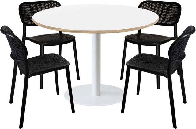 RestooTab Esstisch-Set Rome XL mit 4 Stühlen, runder Esstisch in Weiß mit schwarzem Gestell, B/T/H: 120 x 120 x 75 cm - Bild 1