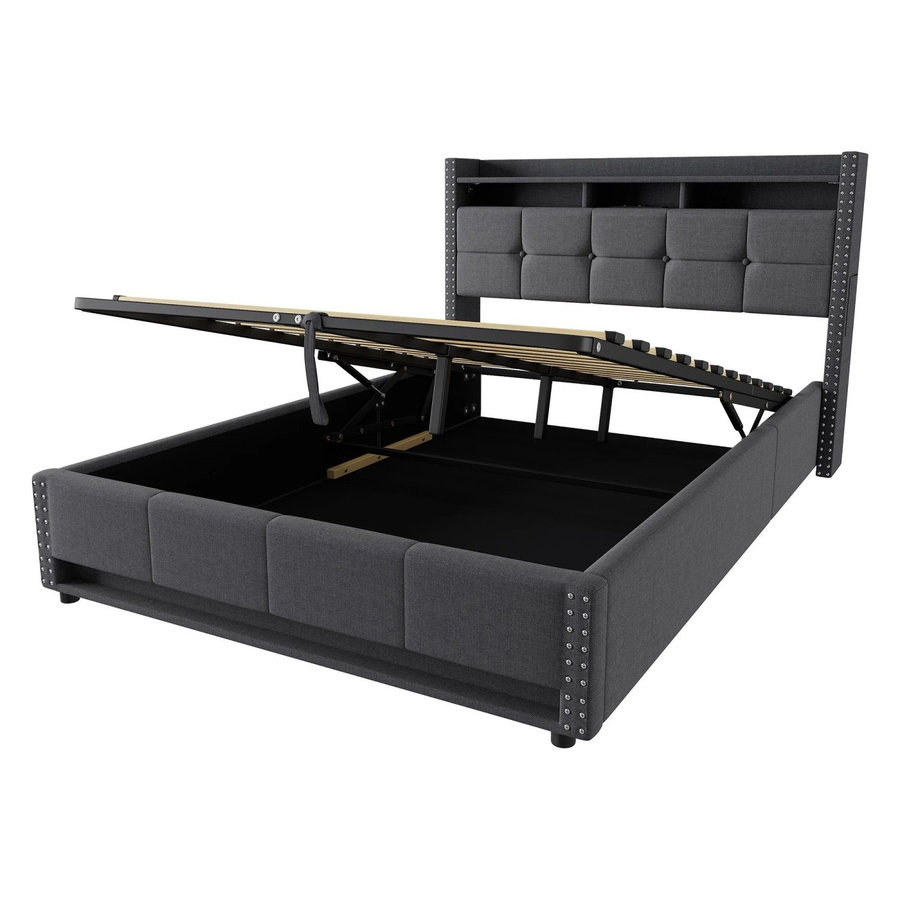 okwish Polsterbett mit modernem Design und USB-Ladeport in Grau, B/T/H: 140 x 200 x 107 cm (mit Lift-up-Funktion und Unterbettbeleuchtung) - Bild 2
