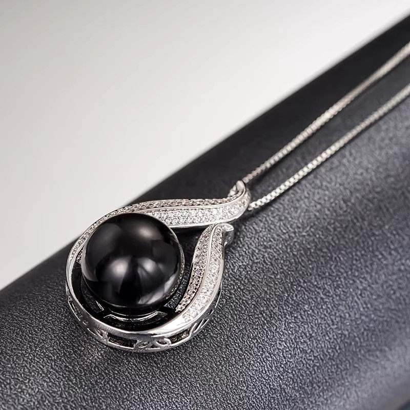 Huitan Halskette, Blatt-Design, schwarze Perle, Zirkonia, Damen - Bild 2