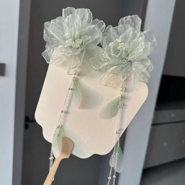 Haarklammern Haarspangen, Hanfu Kopfbedeckung, Mesh, Grün Lila, Blume, Lange Quaste, Kinder - Bild 1