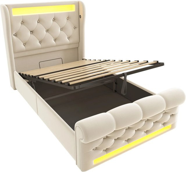 Merax Polsterbett Beige mit LED-Unterbettbeleuchtung, USB-C Ladeport und Hydraulik-Lift-Funktion B/T/H: 90 x 200 x 110 cm - Bild 1