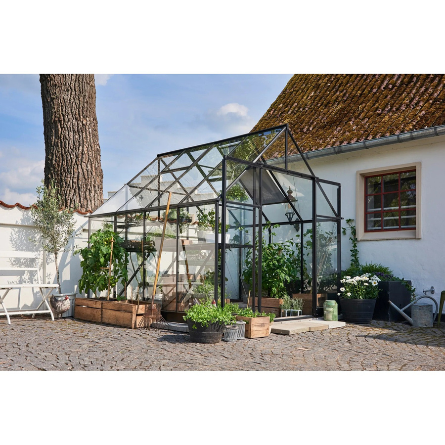 Halls Gewächshaus Qube+ QUBE 8 in Schwarz mit Sicherheitsglas und Aluminiumrahmen sowie Satteldach und 6,6 m² Anbaufläche - Bild 2