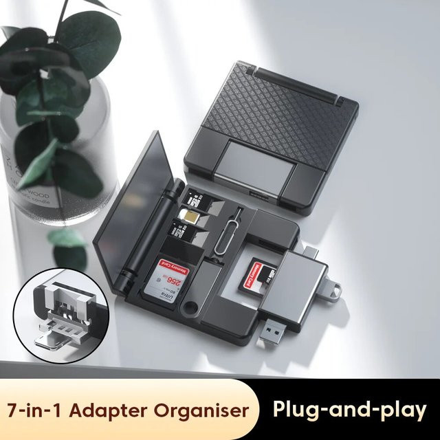 7-in-1 Multifunktionaler Kartenleser und Aufbewahrungsbox mit SD-Karte, Micro SD-Kartenetui und OTG-Adapter inklusive USB 2.0 Typ-C-Adapter in Schwarz oder Grau - Bild 1