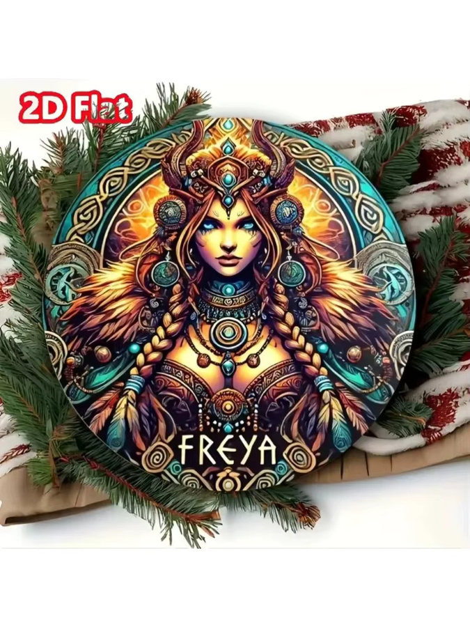 Vintage Blechgemälde Potdemiel Freya-Göttin Wandkunst mit Rüstung und Federdesigns - Bild 5