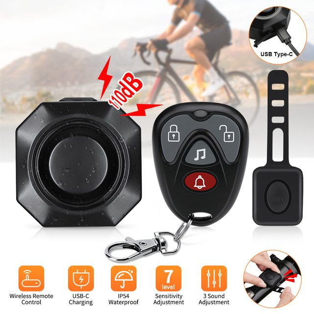 Anchtek Anti-Diebstahl-Alarmhupe für Motorrad und Fahrrad, kabelloser USB-Aufladung, 110 dB, wasserdicht, Farbe: Schwarz - Bild 1