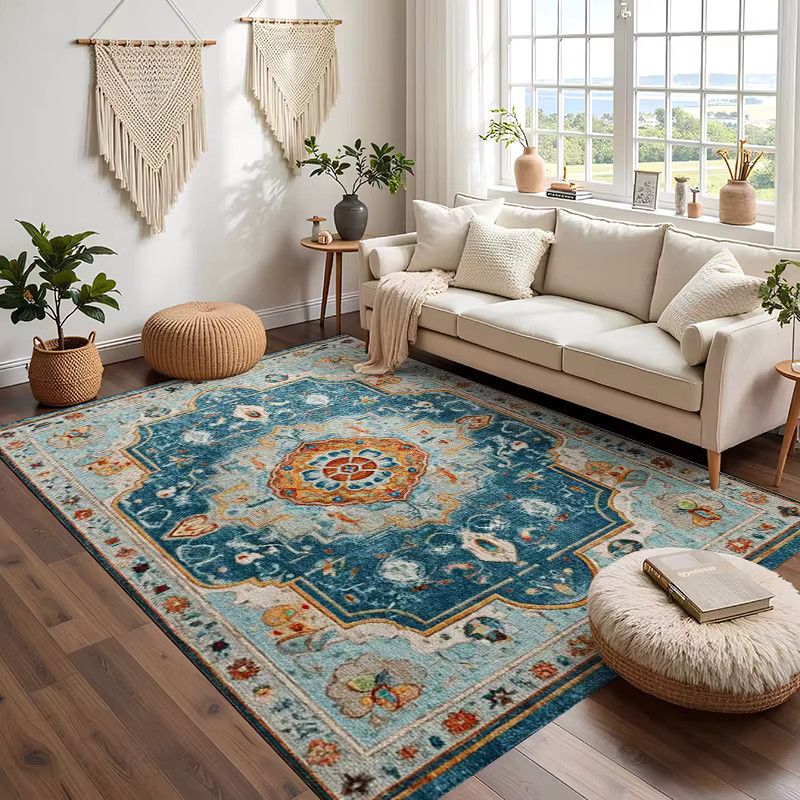 RAKKS Boho-Mandala-Samt-Teppich in Blau mit Blumen-Medaillon-Design, waschbar und rutschfest - Bild 3
