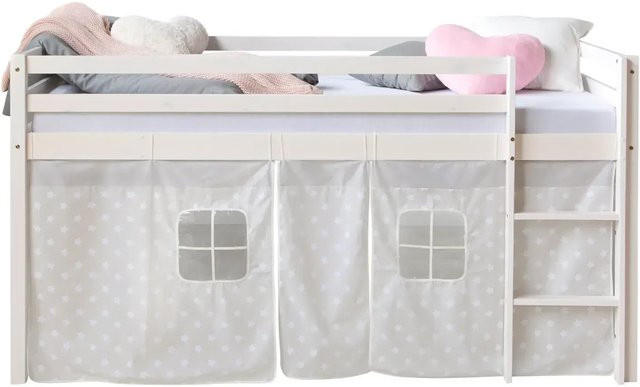 Homestyle4u Hochbett aus Kiefernholz mit Vorhang Sterne in Weiß - Bild 1