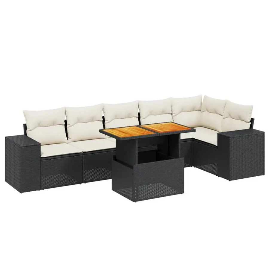 vidaXL 7-teilige Garten-Sofagarnitur in L-Form aus Poly-Rattan und Akazienholz mit Kissen in Schwarz-Creme - Bild 2