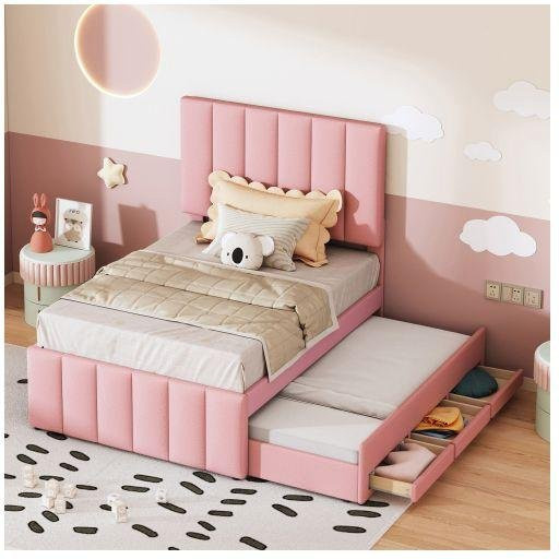 Gepolstertes Bett MUVOE in Rosa mit Schubladen und klassischem Design, Breite: 90 cm, Tiefe: 200 cm - Bild 1