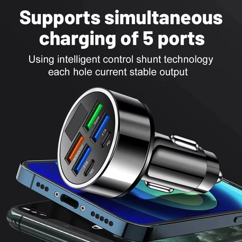 UYUXIO 6-in-1 USB-C Autoladegerät Adapter mit Dual PD Superschnellladung und Voltmeter zur Spannungsanzeige in Schwarz - Bild 3