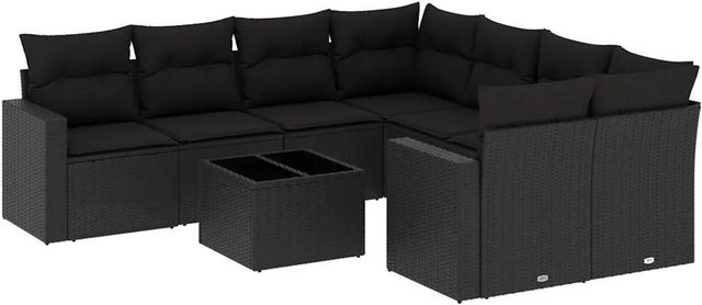 vidaXL 9-tlg. Garten-Sofagarnitur in L-Form aus Polyrattan mit Kissen und Couchtisch, Schwarz - Bild 1