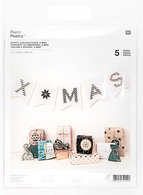 Rico Design Paper Poetry Wimpel zum Besticken X-MAS in Weiß, 5 Stück mit Garn - Bild 1