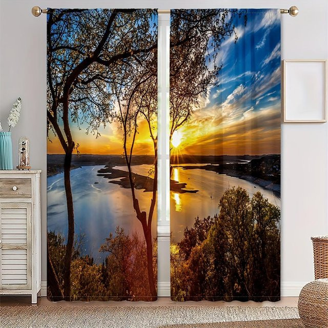 Yiran Furniture Vorhang Set mit Wald- und Wasserfalllandschaft, 2 Paneele, halbtransparent, Polyester, Mehrfarbig, B: 50 cm, H: 130 cm - Bild 1