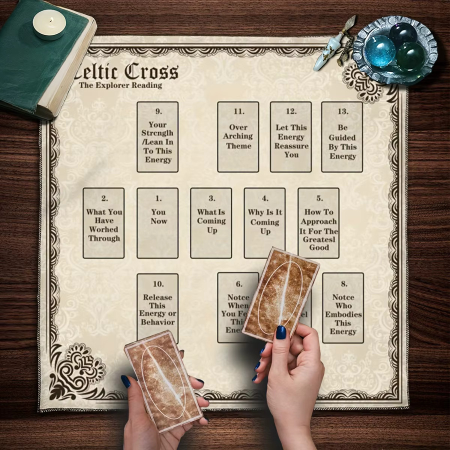 VIKAMA Altartuch mit keltischem Kreuz-Tarot-Motiv, beige mit schwarzem Randdesign, rechteckige Tischdecke für spirituelle Dekoration - Bild 5