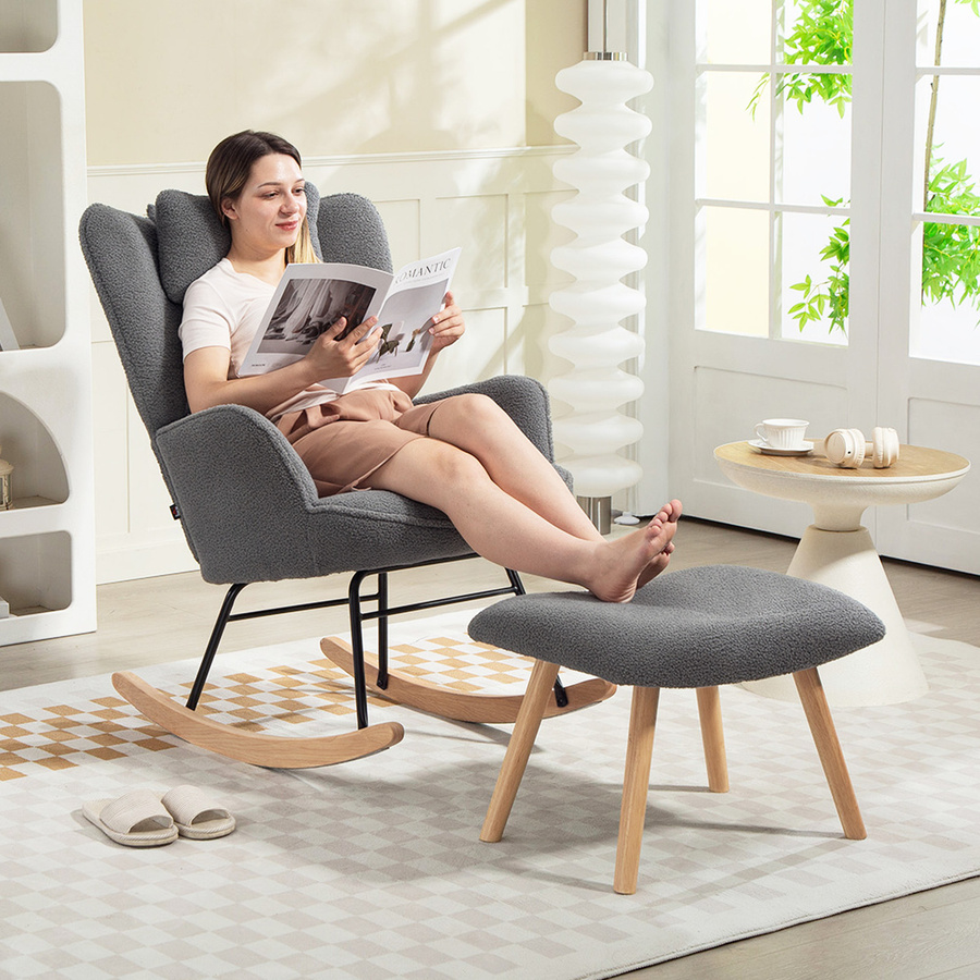 HOMCOM Schaukelstuhl mit Hocker, gepolsterter Relaxsessel mit Lendenkissen und Kopfstütze, Dunkelgrau - Bild 2