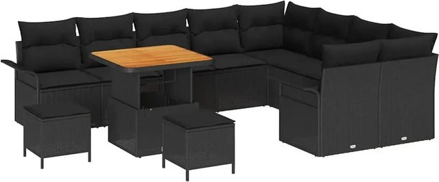 vidaXL 12-teiliges Garten-Sofa-Set in Schwarz mit Kissen und Tisch aus Poly Rattan und Akazie - Bild 1