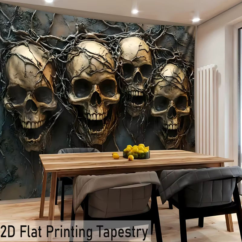 VIKAMA Wandteppich mit Totenkopf und Totenranken im Vintage-Stil mit 3D-Design als Wandbehang für dein Wohnzimmer oder Schlafzimmer - Bild 4