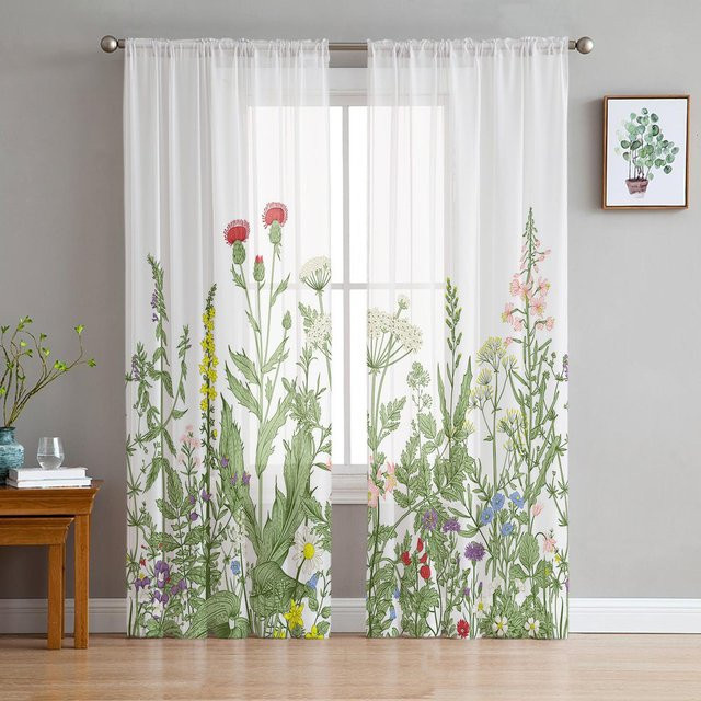 Transparente Vorhänge im Vintage-Stil mit Kräuterpflanzen und Blumen aus Tüll, Voile und Organza, Breite: 135 cm, Höhe: 115 cm - Bild 1