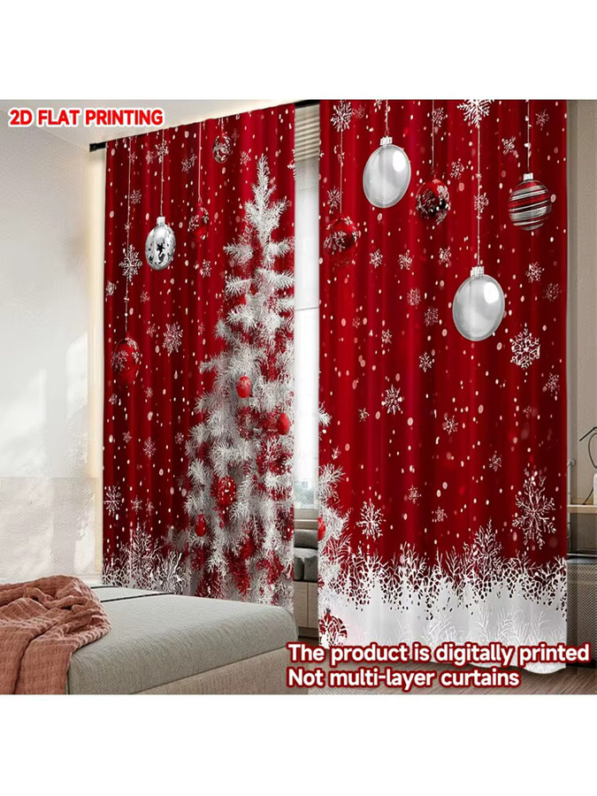 Set aus 2 weihnachtlichen Polyester-Vorhängen mit weißem Baum-Motiv in Weiß und Rot, semi-transparent und modern gestaltet - Bild 6