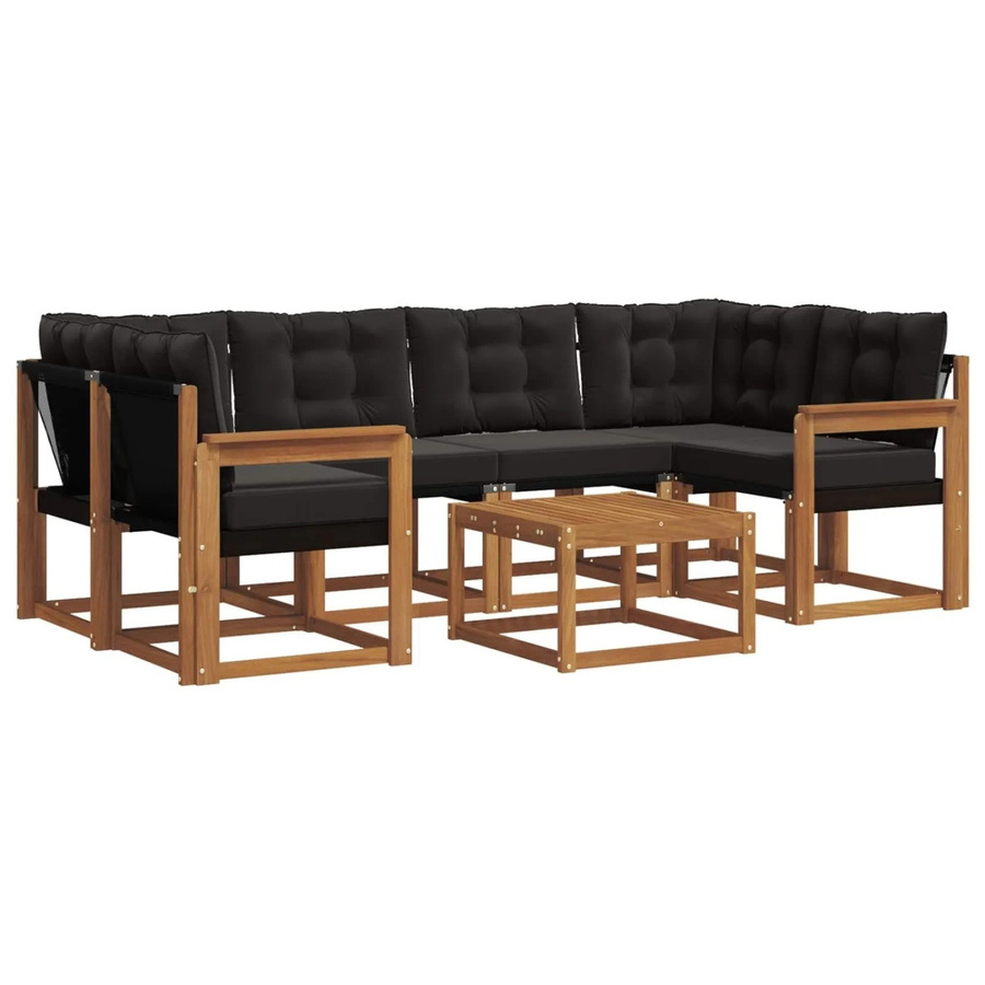 vidaXL Outdoor-Sofagarnitur 7-teilig aus Akazienholz und Textilene in Natur und Schwarz mit Kissen und Armlehnen - Bild 2
