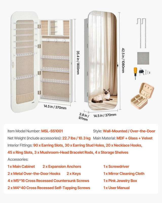 Schmuckschrank mit Ganzkörperspiegel von Buying Solutions, MB, Farbe Weiß, Wandmontage, abschließbar mit internen Schubladen, Höhe: 108,0 cm, Breite: 37,0 cm, Tiefe: 10,3 cm - Bild 4
