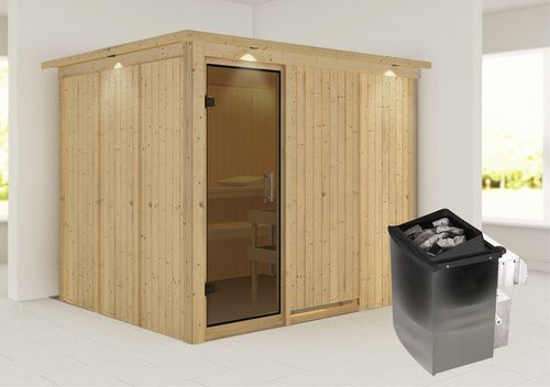 Karibu Sauna Jöhvi aus Fichtenholz in Beige mit 9 kW Saunaofen und integrierter Steuerung für 4 Personen, B/T/H: 245 x 210 x 202 cm - Bild 1