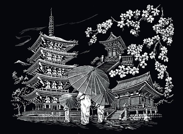 Royal Langnickel Kratzbild Kyoto Temple in Schwarz und Silber für Erwachsene - Bild 1
