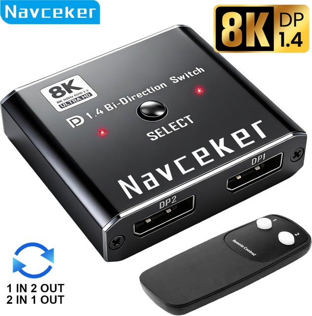 Navceker DisplayPort Switch 2-in-1-out 8K und 4K 120Hz DP-Umschalter mit IR-Fernbedienung, Schwarz - Bild 1