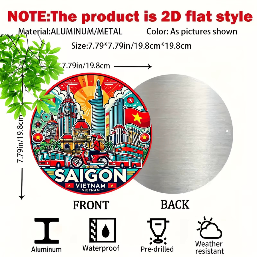 Potdemiel Metallschild Ho Chi Minh City Vietnam Retro Vintage Stadtbild Kunst, runde Aluminium-Wanddekoration, Durchmesser: 20,3 cm, Mehrfarbig - Bild 2