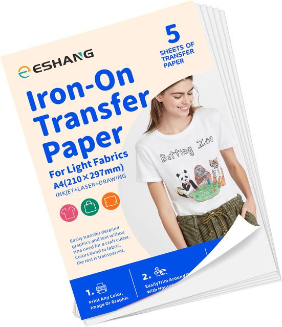 ESHANG Wärmeübertragungspapier A4 für Tintenstrahldrucker, 5 Blatt weißes Transferpapier für T-Shirts und helle Stoffe - Bild 1