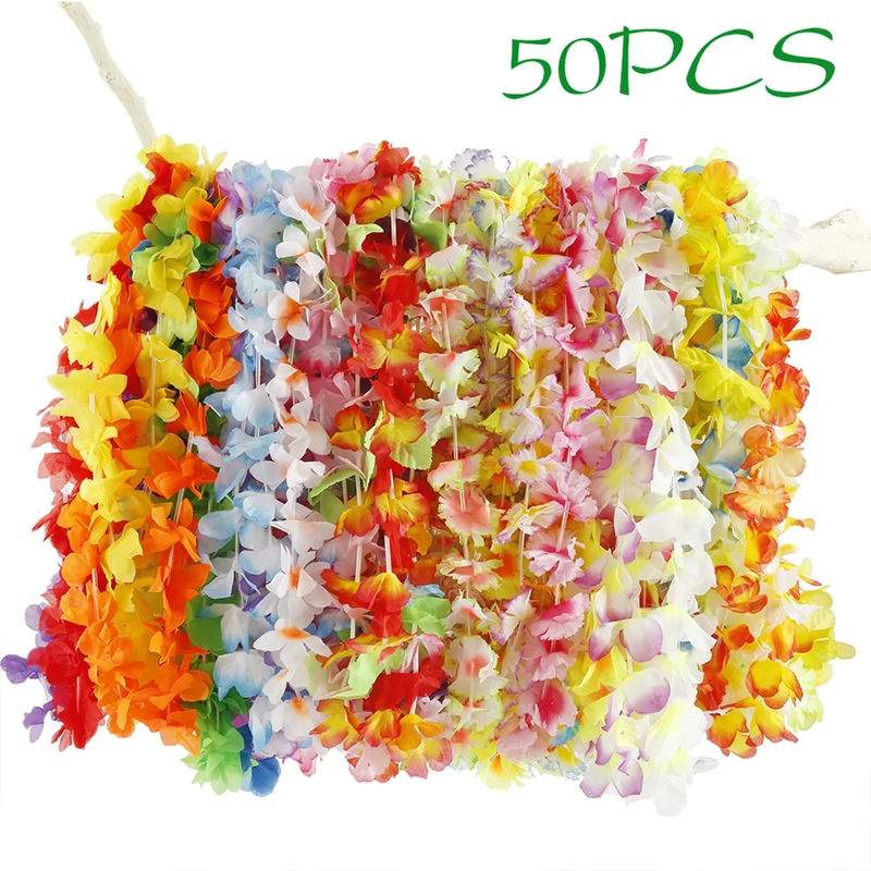 50 Stück Hawaiianische Blumen-Girlanden als tropische Halsketten für deine Strandparty Dekoration in Mehrfarbig - Bild 2