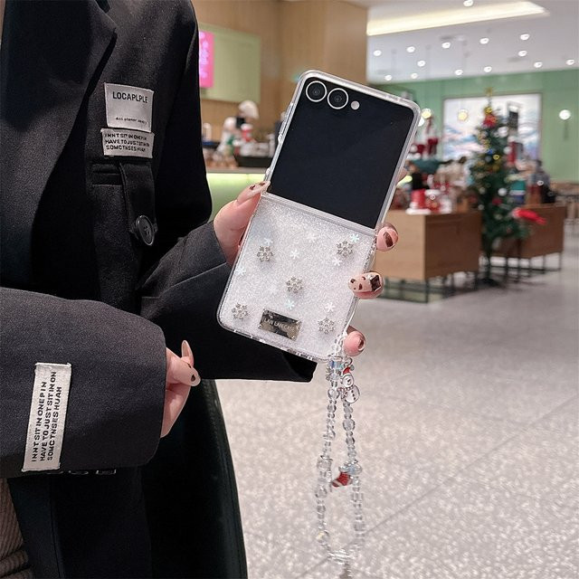 Weihnachtliche Handyhülle mit Diamant-Schneeflocken und Kette für Samsung Galaxy Z Flip 7, Z Flip 6 und Z Flip 5 in Beige - Bild 1