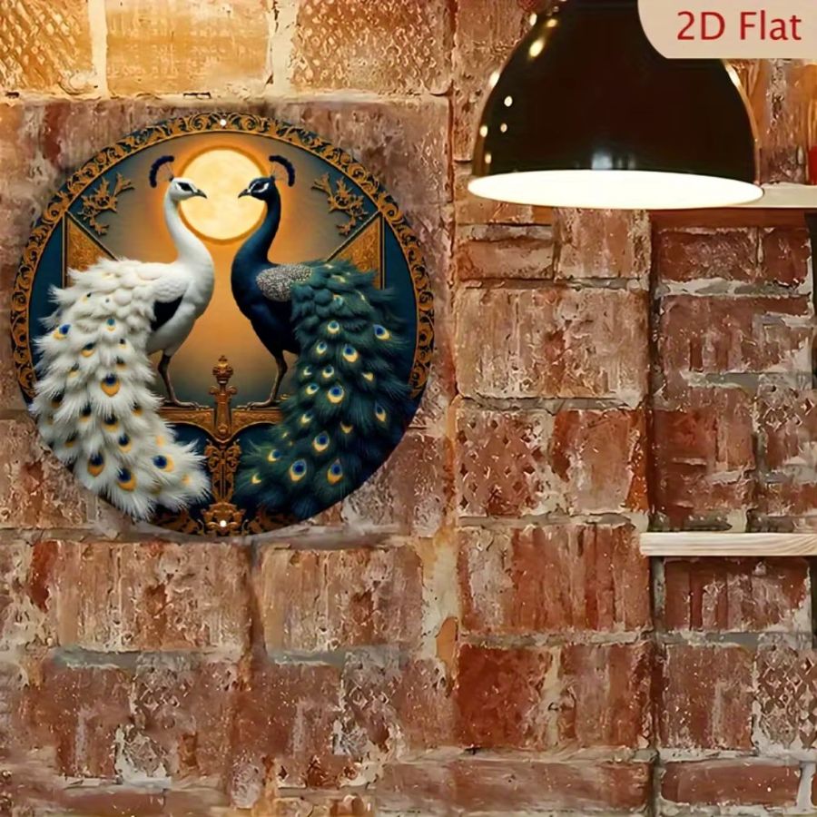 HELLOYOUNG Vintage Wanddekoration aus Metall mit Pfauen- und Hahn-Motiv, rundes Aluminiumschild in Gold-Optik - Bild 5