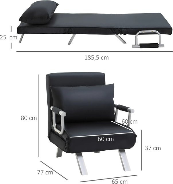 HOMCOM 2-in-1 Schlafsofa mit verstellbarer Rückenlehne und Armlehnen, Schwarz, Velours, T/B/H: 65 x 77 x 80 cm - Bild 3