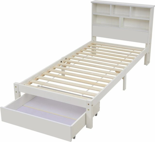 okwish Massivholzbett aus Kiefer mit Schubladen und Bücherregal für das Kinderzimmer, Weiß, B/T/H: 90 x 200 x 120 cm - Bild 1