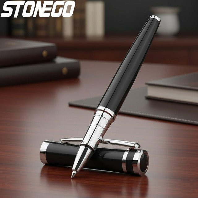 STONEGO Klassischer Metall-Rollerball-Stift in Schwarz mit feiner 0,5mm Spitze - Bild 1