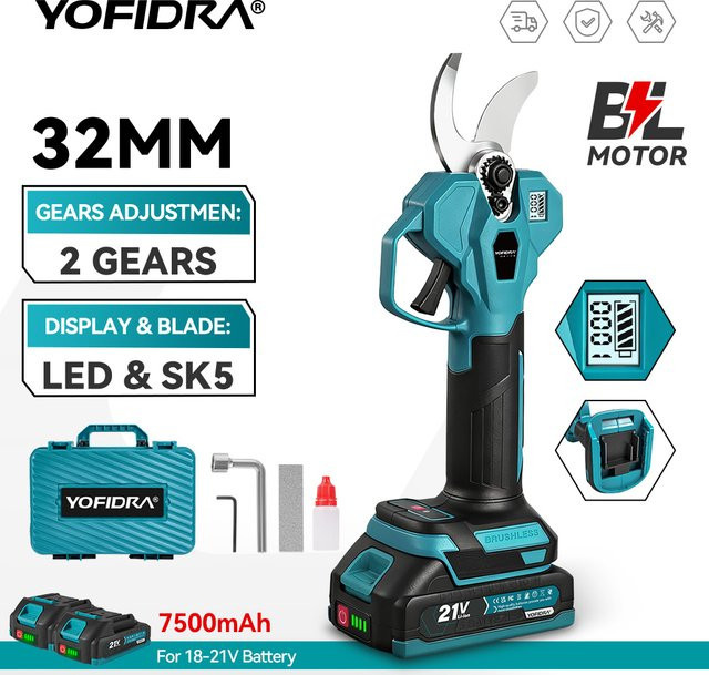 YOFIDRA Bürstenlose elektrische Gartenschere mit 2 Gängen und 32 mm Schnittkapazität, kabellose Astschere kompatibel mit Makita LXT Akku-Pin - Bild 1