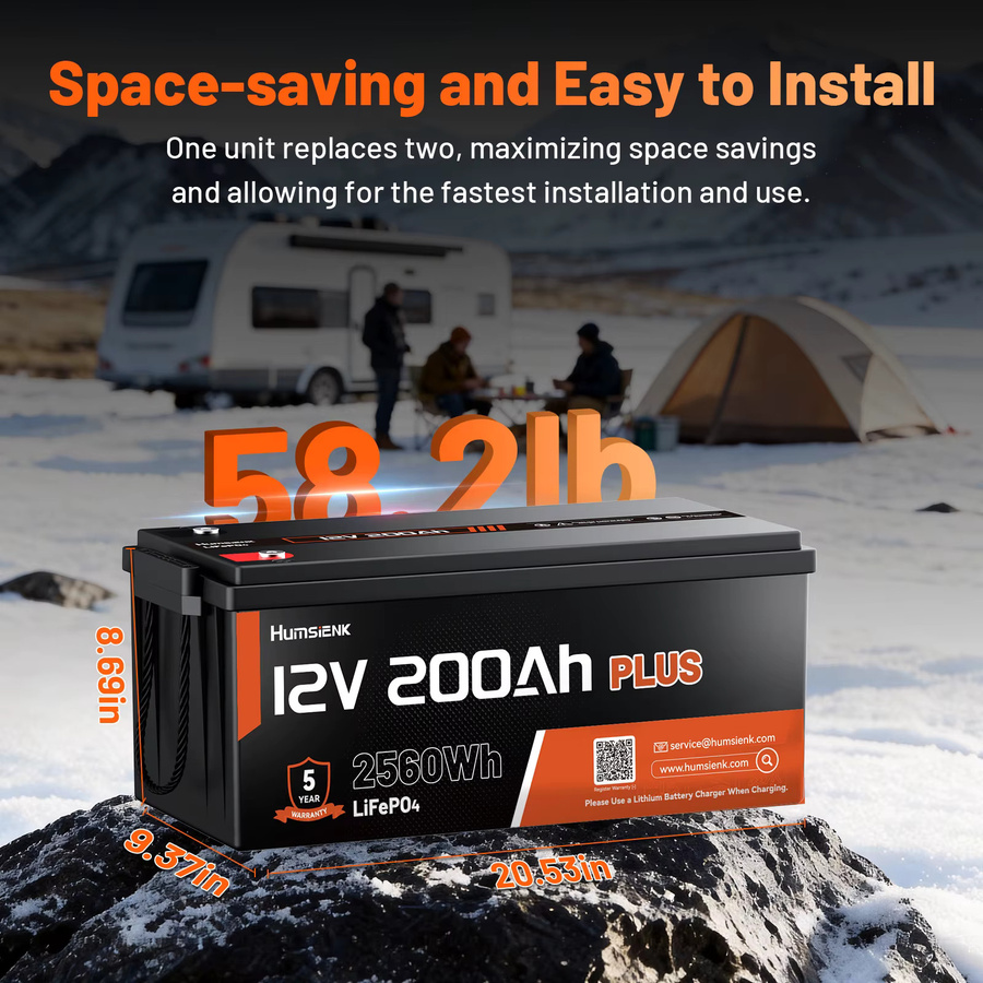 Humsienk 12V 200Ah LiFePO4 Batterie mit 2560Wh, Lithium-Trollingmotor-Batterie mit Niedertemperaturschutz und 250A BMS für Marine, Boote und Wohnmobile, Schwarz - Bild 2