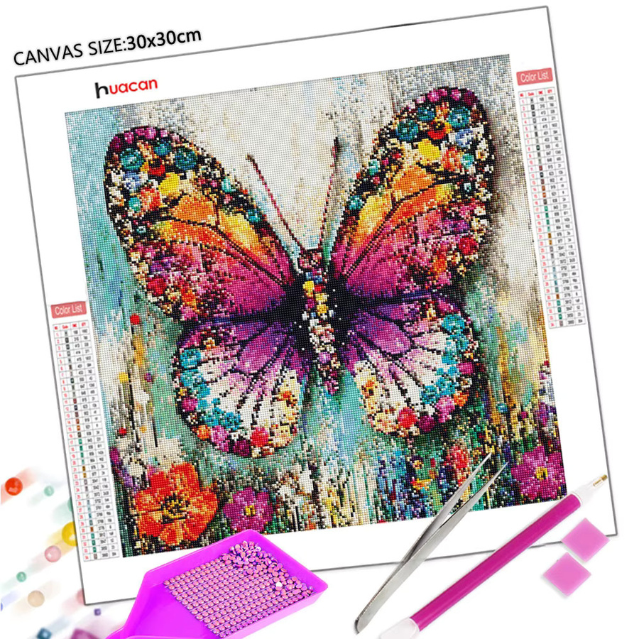 Huacan Diamant-Stickerei Set Schmetterlings-Blumen-Motiv in Multicolour, 5D Diamantgemälde quadratisch, B/H: 20 x 20 cm - Bild 2