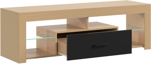 HOMCOM TV Schrank Lowboard in Eiche mit verstellbaren Glasböden, offenen Fächern und Schublade für Fernseher bis 65 Zoll, B/T/H: 140 x 40 x 45 cm - Bild 1