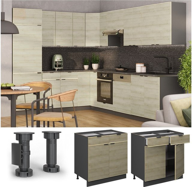 Vicco Schubunterschrank Fame-Line in Anthrazit und Eiche mit weißer Marmor-Arbeitsplatte, Breite: 80 cm - Bild 1
