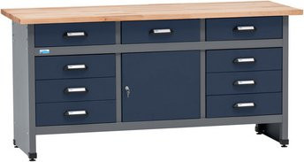 Küpper Werkbank mit 9 Schubladen und einer Tür, Dunkelblau-Hellgrau, B/T/H: 170 x 60 x 84 cm - Bild 1