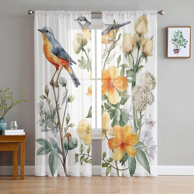 A Family Of Home Textiles Transparenter Tüll-Vorhang mit Blumen, Blättern und Vögeln in Multicolour, Breite: 135 cm, Höhe: 114 cm - Bild 1