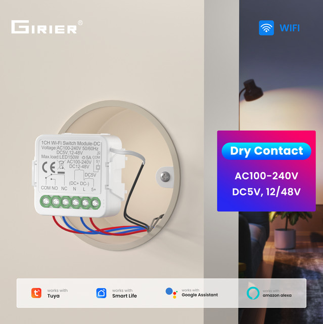 GIRIER Tuya Smart Trockenkontakt-Schaltmodul WiFi DIY Relais in Weiß, kompatibel mit Alexa, unterstützt DC5V/12-48V und AC100-240V - Bild 1