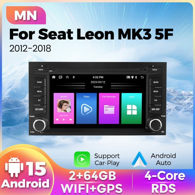 STRONGNAVI Android 15 Autoradio für Seat Leon MK3 5F 2012-2018 mit 2 DIN, Multimedia-Player in Schwarz mit GPS, WLAN, Wireless CarPlay und Android Auto - Bild 1