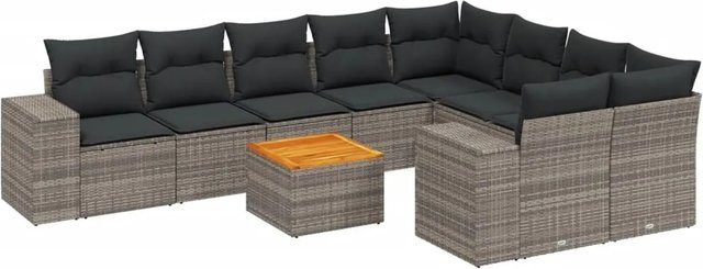 vidaXL 10-tlg. Garten-Sofagarnitur in L-Form aus grauem Poly-Rattan mit Kissen und Armlehnen - Bild 1